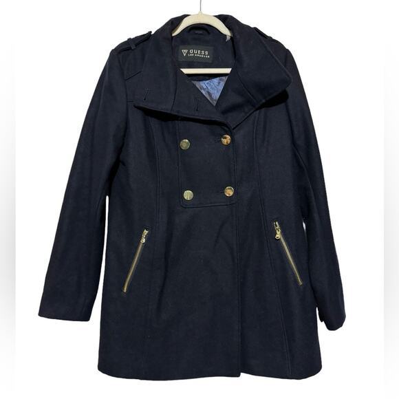 Guess‎ Navy Blue Gold Wool Blend Winter Pea Coat Women’s Size Medium - Picture 1 of 8